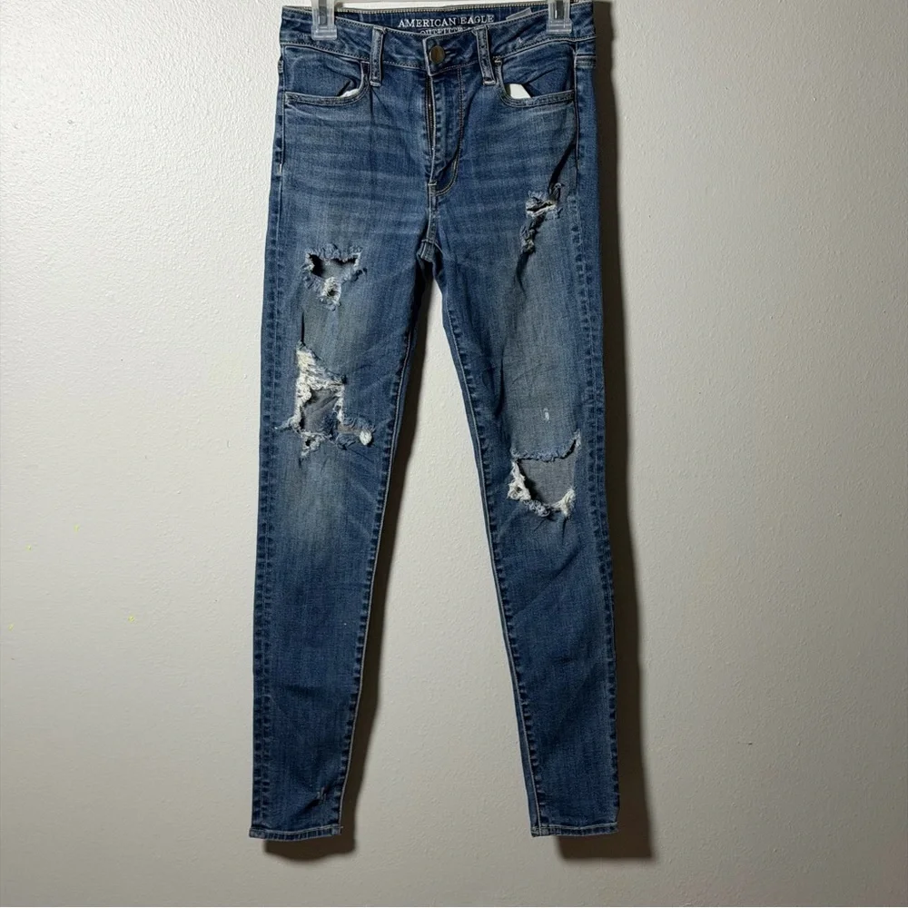 American Eagle Outfitters Women's‎ Hi-Rise Jegging Blue Distressed Jeans size 4